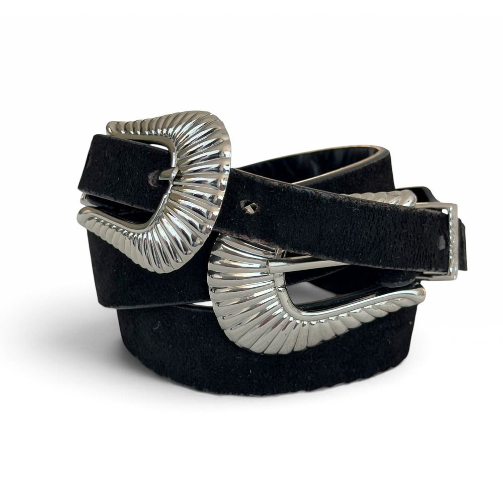Western Concho Black Suede Belt Double Buckle Silver Hardware Gothic Cowgirl OS